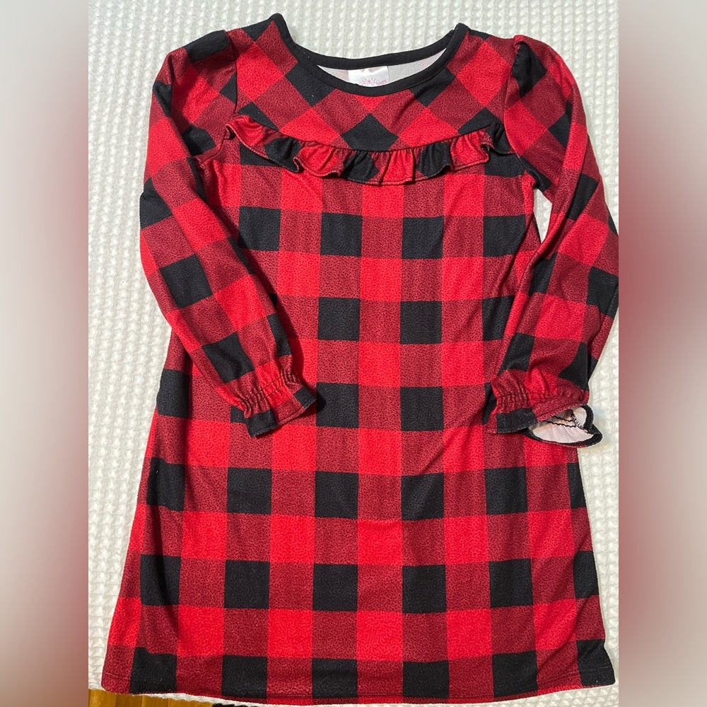 Red and Black Plaid Nightgown with Ruffle Detail - Girl’s size 5
